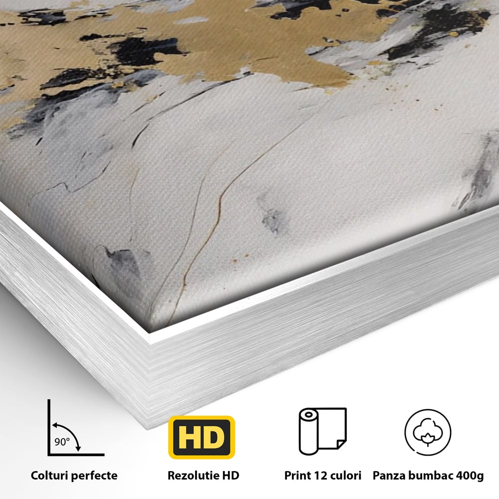 Detaliu al suprafetei: tablou abstract cu insertii aurii, in rama de aluminiu argintiu